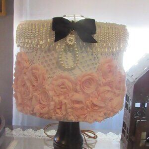 SHABBY CHIC FRENCH STYLE LAMP SHADE PINK + PEARLS + FLOWERS